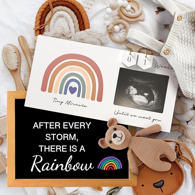 Rainbow Baby Sonogram Picture Frame Countdown Weeks, Pregnancy Announcement Ideas, 4"x3" Ultrasound Photo, Gender Reveal Baby-Shower Gift for New Mom Dad Expecting Parents Grandparents to Be Keepsake
