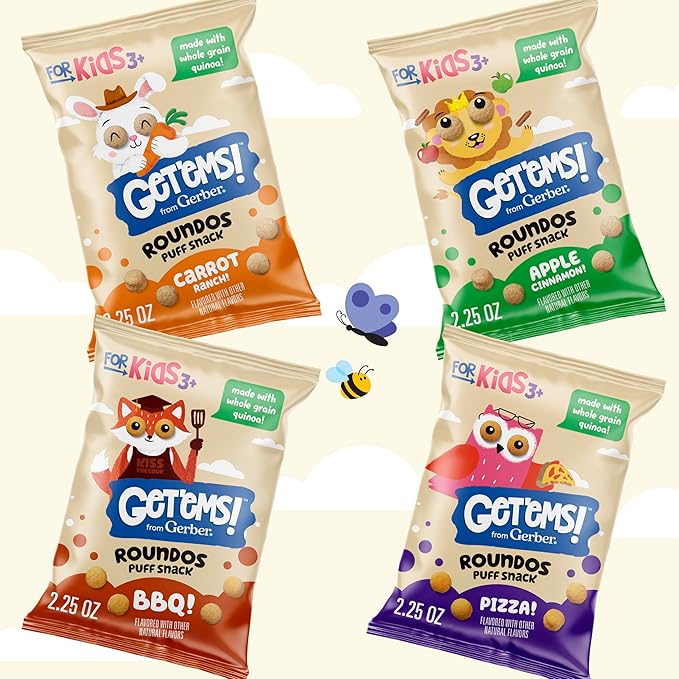 Get'ems! from Gerber, Snacks for Kids, Pizza Roundos Puffs, Made with Whole Grain Quinoa, Calcium to Support Strong Bones - 5 pack
