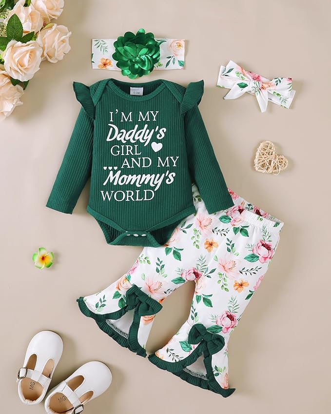 SUNNY PIGGY Newborn Baby Girl Clothes Infant Outfits Romper Floral Fall Outfit Bell Bottoms Pant Sets Hat Headband Flowerpant