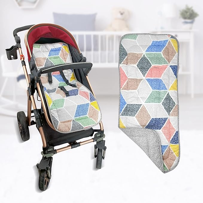 Stroller Seat Liner，100% Cotton Stroller Cushion，Universal Breathable and Soft Newborn Stroller pad, Toddler Seat Mat for Stroller, 34x78cm,1 Pack(Geometry + Grey)
