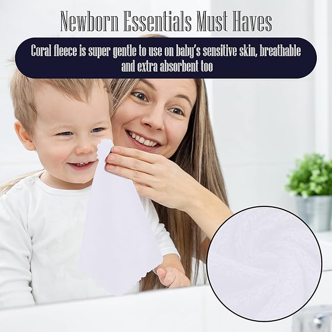 32 Pack Baby Washcloths - 10x10 Inch, Luxury Coral Fleece - Extra Absorbent and Soft Wash Clothes for Newborns, Infants and Toddlers - Suitable for Sensitive Skin and New Born - Baby Shower - White