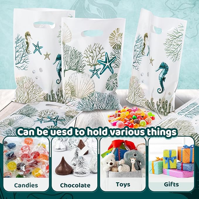 Summer Beach Party Favor Bags - 50Pcs Blue Coastal Goody Candy Treat Gifts Bags, Ocean Seashell Themed Party Decorations for Kids Birthday Summer Ocean Coastal Beach Events Supplies