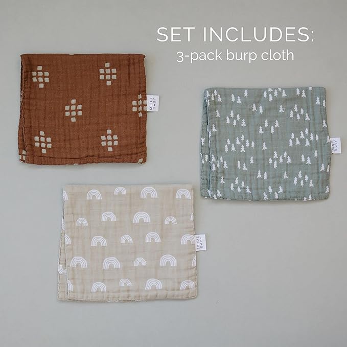 Mebie Baby Burp Cloths, Woods Print 3-Pack, Muslin Burp Cloth Set for Spit Up, Drool, and More, Boho Burp Cloths for Baby Boy and Girl, Baby Must Haves for Registry Lists and Gifts for Newborns