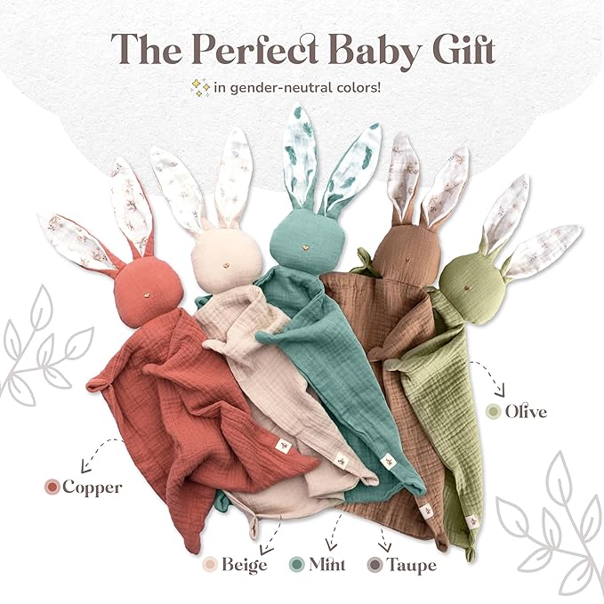 Mikito Organic Cotton Baby Muslin Lovey Bunny - Oeko-TEX & GOTS Certified - Security Blanket & Perfect Loveys for Babies - Unisex New Baby Gift for Ultimate Comfort & Peaceful Dreams