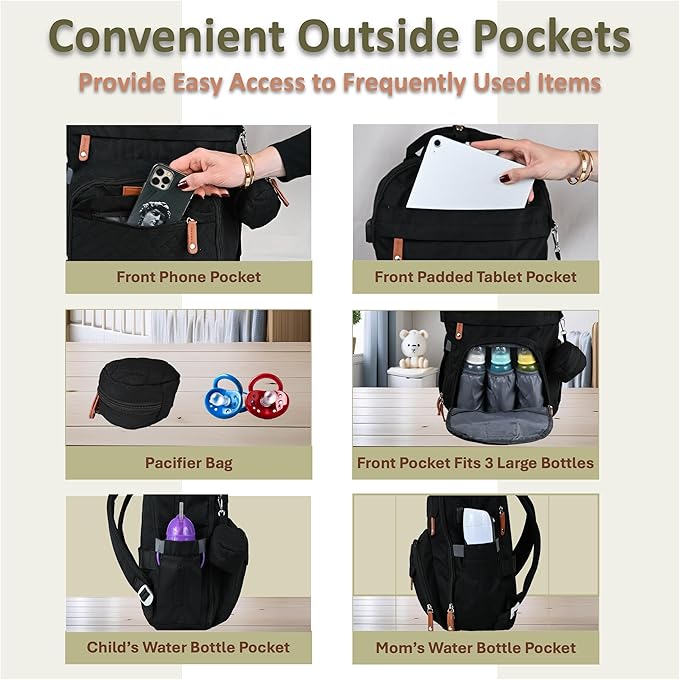 Baby Diaper Bag Backpack - Large Bag for Boys & Girls, with Changing Pad & Pacifier Case, Large Capacity with Insulated Pockets, Waterproof, with Stroller Straps, Unisex - Black