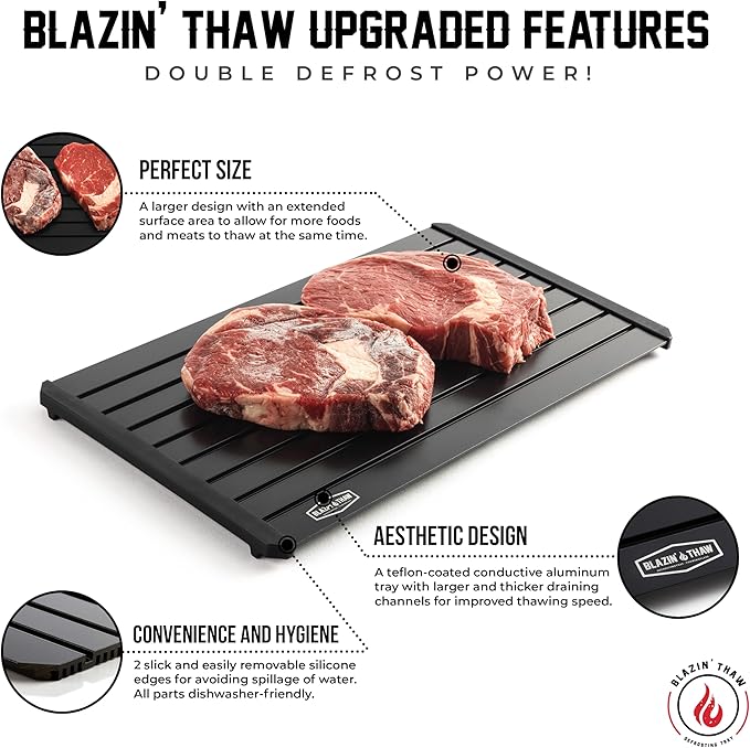 BLAZIN' THAW Defrosting Tray for Frozen Meat | 16" Family-Size | Aluminium Plate for Thawing Frozen Food | Natural Thawing Process | No Microwaves, No Cold/Warm Water Required |