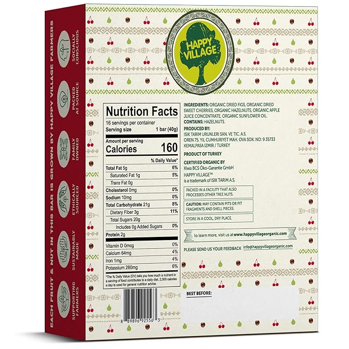 Happy Village Organic Fruit & Nut Bar, SWEET CHERRY | Gluten Free, No Refined Sugar, Kosher, Non-GMO, Vegan, Good Source of Fiber | Organic Healthy Snack Bars (16 bars, 1.4 OZ each)