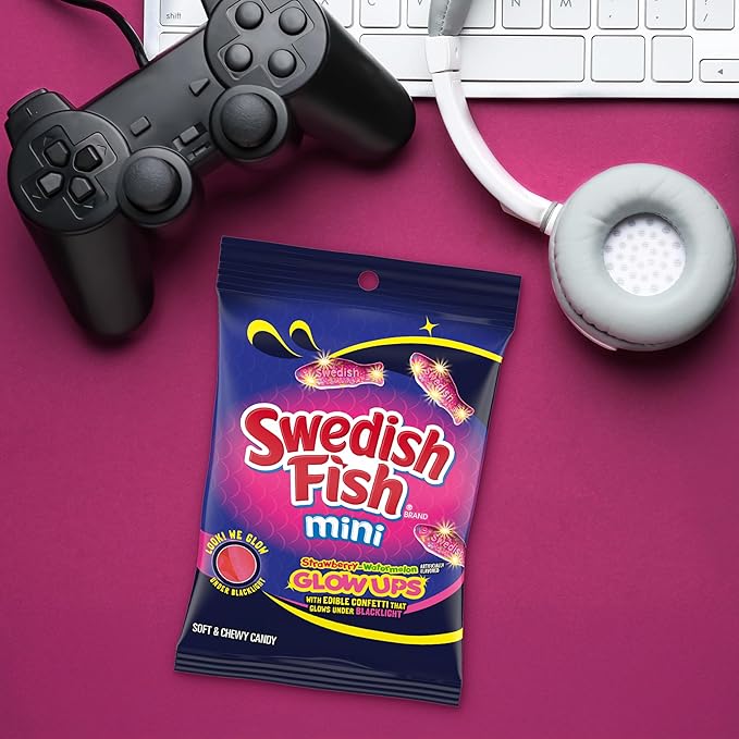 SOUR PATCH KIDS and SWEDISH FISH Mini Glow Ups Strawberry-Watermelon Soft & Chewy Candy Variety Pack, Bulk Candy, 4-6.7 oz Bags