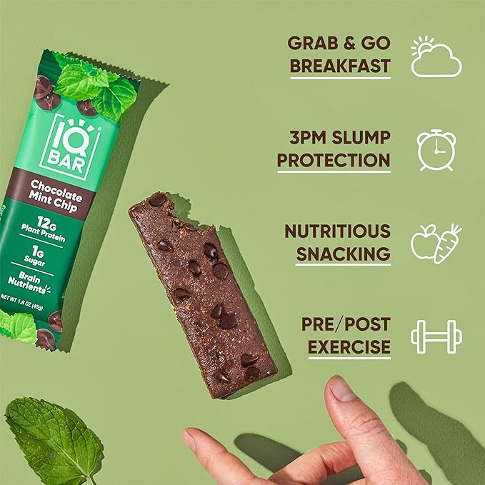 IQBAR Brain and Body Plant Protein Bars - Chocolate Mint Chip - 24-Count Low Carb - Gluten Free, High Fiber, Vegan Snacks - Low Sugar Meal Replacement