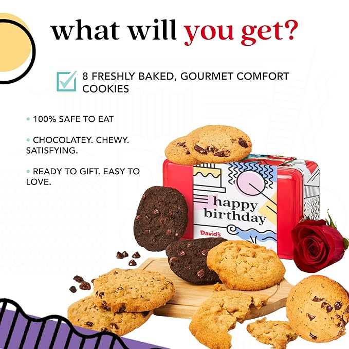 David’s Cookies Happy Birthday Assorted Cookies Gift Tin – 8 Fresh Baked Gourmet Cookies in Chocolate Chunk, Peanut Butter Chip, Double Chocolate Chunk & Oatmeal Raisin – Dessert Gift for Birthdays