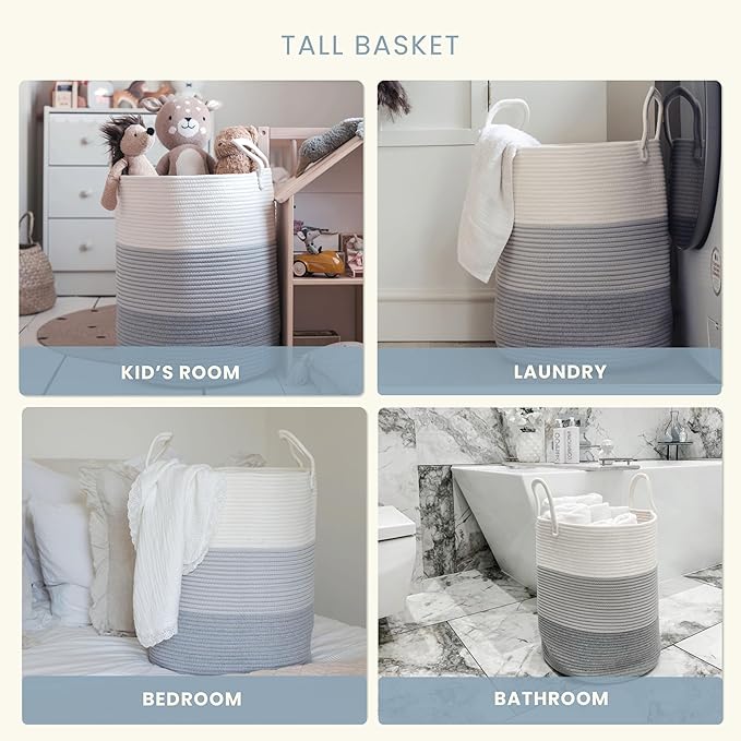 OrganiHaus Gray Nursery Laundry Basket 15x18, Farmhouse Hamper Basket, Extra Large Storage Basket, Blanket Basket for Living Room, Baby Laundry Hamper, Toy Basket for Kids