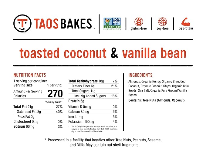 Taos Bakes - Toasted Coconut + Vanilla Bean - Snack Bars - 6g Fiber & Gluten-Free Granola Bars - Healthy Snack for Adults - Filled with Almonds, Coconut Chips, & Chia Seeds - 12 Pack, 1.8oz ea