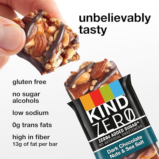 KIND ZERO Added Sugar Bars, Dark Chocolate Nuts and Sea Salt, Keto Friendly Snacks, Gluten Free, 5g Protein, 5 Count (Pack of 2)