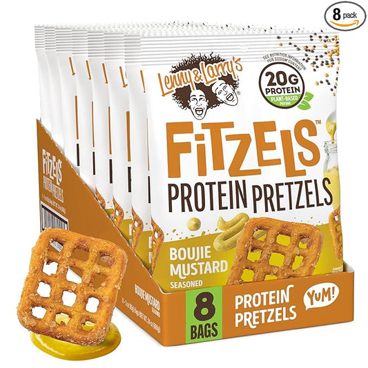 Lenny & Larry's Boujie Mustard FITZELS- Savory Pretzel Snacks Incredibly Tasty, High Protein, Salty, Vegan, 20 g's of Plant Based Protein 8 (eight) Bags, 3 oz Each