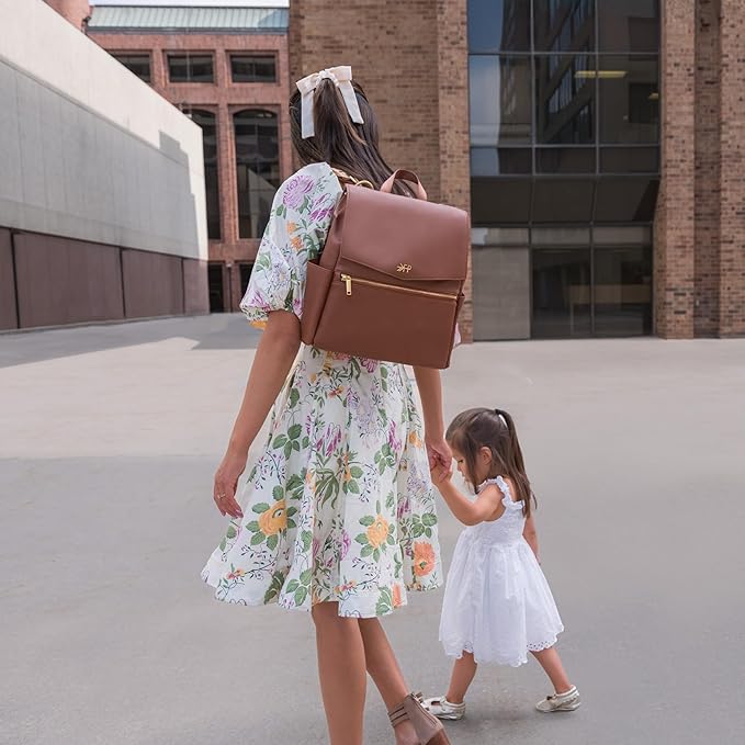 Freshly Picked Mini Classic Diaper Bag Backpack, Wipeable Vegan Leather, 8 Pockets Total (Cognac)
