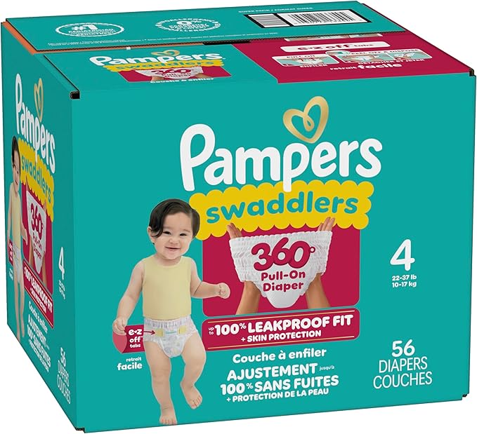 Pampers Diapers - Swaddlers 360° - Size 4, 56 Count, up to 100% Leakproof Comfy Dry Fit, Designed for Easy Changes, Pull On Baby Diaper (Packaging May Vary)