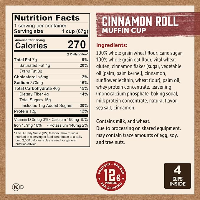 Kodiak Cakes Minute Muffin Cup Variety Pack - 100% Whole Grains, Double Dark Chocolate, Blueberry & Cinnamon Roll (Pack of 12)