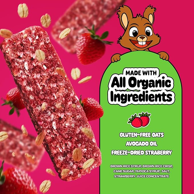 Snakkidz Organic Chewy Granola Bar, Allergen Free, Made with Avocado Oil, Low Sugar (15 Bars, Strawberry)
