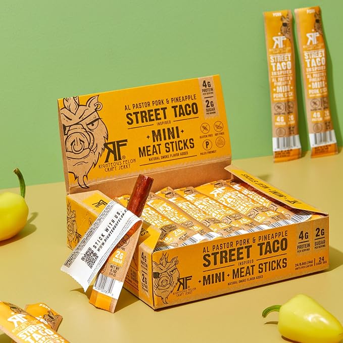 Righteous Felon Meat Sticks Minis | 100% Pork Sticks | Gluten Free Meat Sticks | Low Sugar & High Protein Pork Sticks | Healthy Snacks for Kids & Adults | Jerky Gifts for Men | Street Taco, 24 Ct