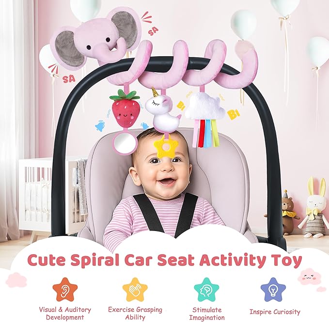 Spiral Car Seat Toys for Baby Girls 0-6 Months, Perfect Newborn Gifts for Girls Essentials, Cute Pink Elephant Strawberry Hanging Plush Items