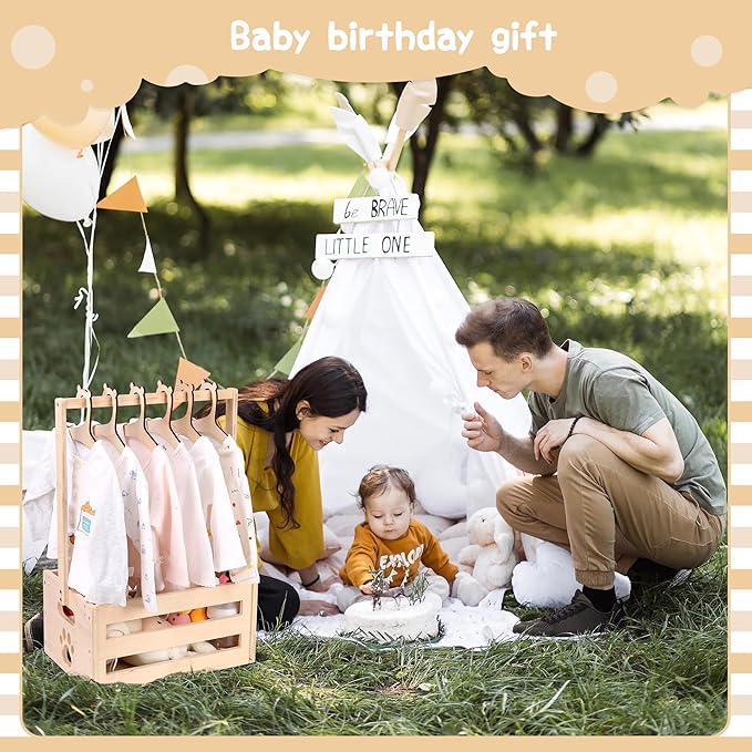 Wooden Baby Shower Crate Closet, Baby Basket with Handle Baby Storage Crate Hamper, Baby Welcome Gifts with 6 Pieces Teddy Bear Wooden Hangers, Baby Personailzed Basket for Pregnancy New Parent