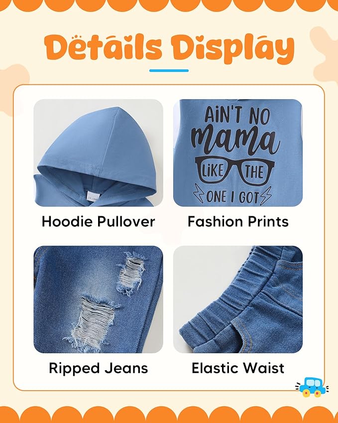 NZRVAWS Baby Boy Clothes Toddler Boy Outfit 2 3 4T 6 12 18 24 Month Fall Winter Hoodie Ripped Jeans Clothing