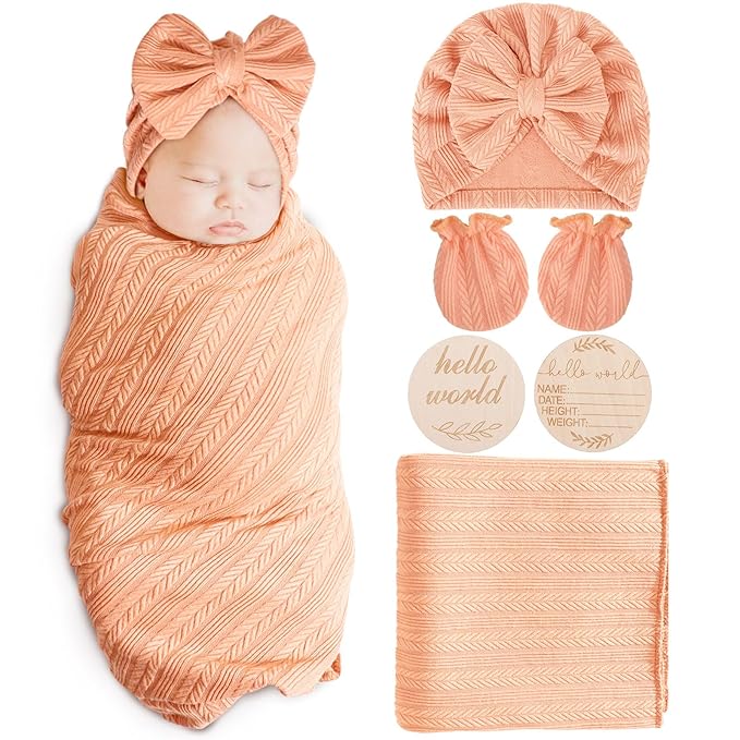 Newborn Receiving Blanket with Bow Hat Mittens Wooden Card Set Wheat-Pattern Newborns Toddler Baby Boy Girl Nursery Swaddle Wrap