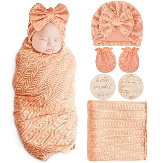 Newborn Receiving Blanket with Bow Hat Mittens Wooden Card Set Wheat-Pattern Newborns Toddler Baby Boy Girl Nursery Swaddle Wrap