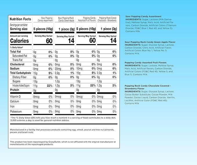 Popping Rock Candy Assortment - 1 Pound Box (About 125 Count) - Individually Wrapped Halloween Candy - Strawberry, Blue Raspberry, Grape, Tropical Punch, Apple, Watermelon