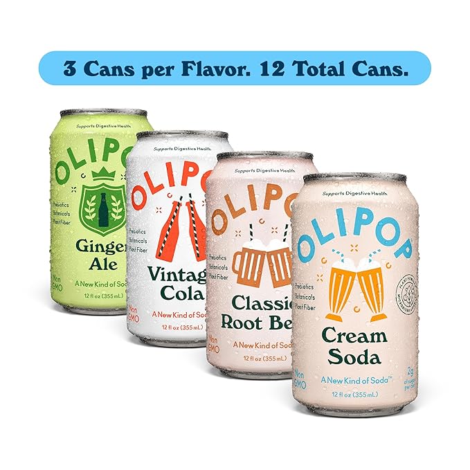 OLIPOP Prebiotic Soda Pop, Classic Soda Variety, Pantry Pack Packed with Prebiotics, Fiber, and Botanicals, Gluten Free, Vegan, GMO Free, 12oz (12-Cans)