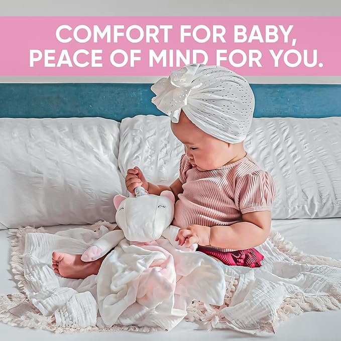 Love By Emi Baby Music Lovey Pink & White Unicorn, Baby Sleep Soother for Crib & Cuddle Bedtime, White Noise with Heartbeat & Lullaby, Plush Sound Toy, Stuffed Animal for Newborns, Infants & Toddlers
