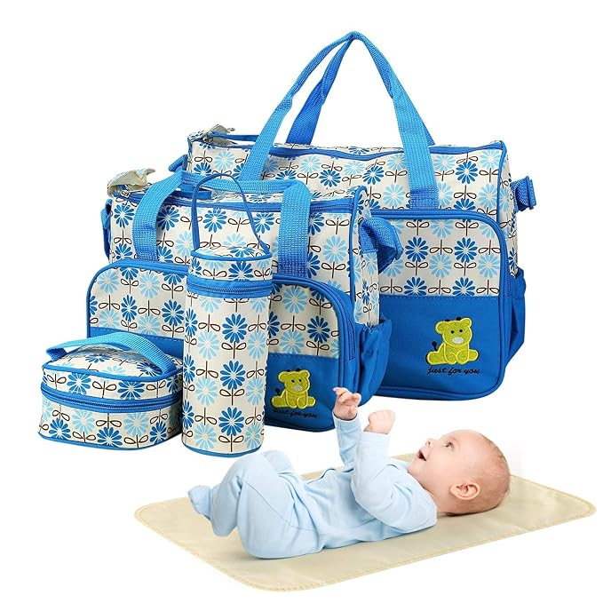Moclever Diaper Bag Tote Set, 5PCS Baby Bags for Mom and Dad – Large Maternity Travel Bag with Insulated Bottle Holder, Food Bag & Portable Changing Pad, Waterproof Baby Essentials Organizer (Blue)