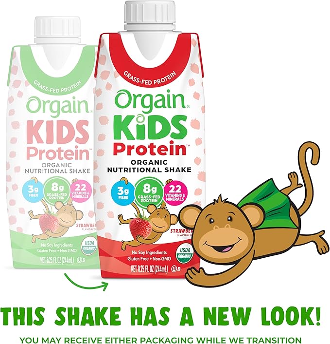 Orgain Organic Kids Protein Nutritional Shake, Strawberry - 8g of Protein, 22 Vitamins & Minerals, Fruits & Vegetables, Gluten Free, Soy Free, Kosher, Non-GMO, 8.25 Ounce (Pack of 12)