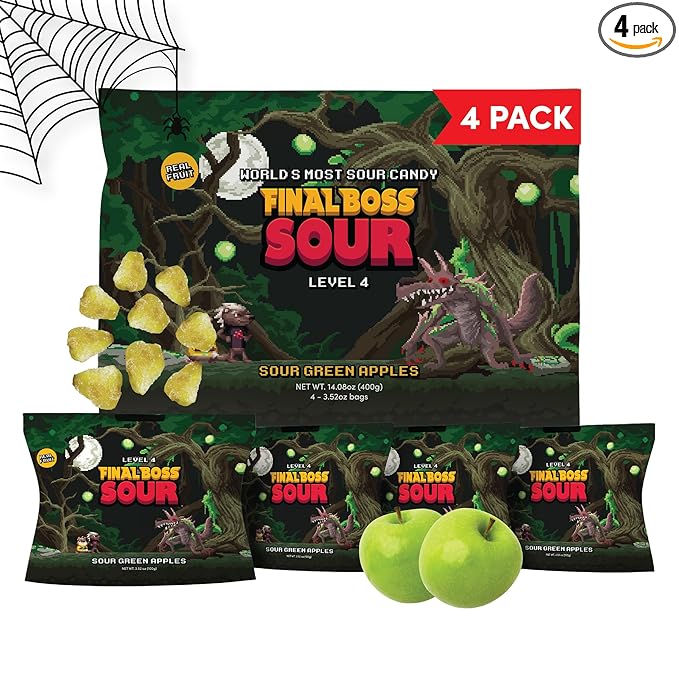 Final Boss Sour Candy, Green Apple, 4 Pack, Level 4, Extreme Sour Fruit Chews with Real Dried Fruit, No Artificial Colors or Flavors, Low Calorie Snack for Kids, Teens, Adults, Lunch Boxes & On The Go
