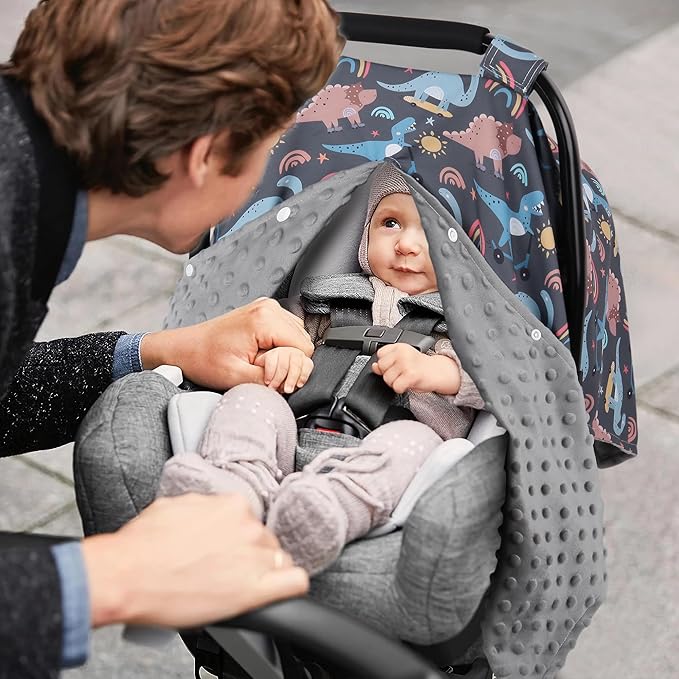 Metplus 2 in 1 Dinosaur Baby Car Seat Cover, Car Seat Canopy for Babies, Mom Multiuse Nursing Cover, Minky Baby Carrier Covers, Newborn Boy Girl, Peekaboo Opening