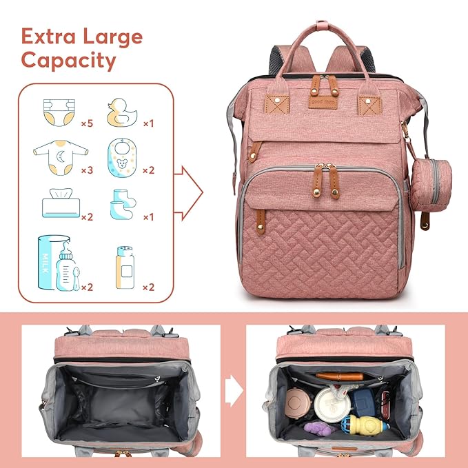 Diaper Bag Backpack with Changing Station, Large Diaper Bag For Boys And Girls, Multifunctional Waterproof Travel Diaper Backpack, Baby Bag with USB Charging Port for Moms Dads,pink