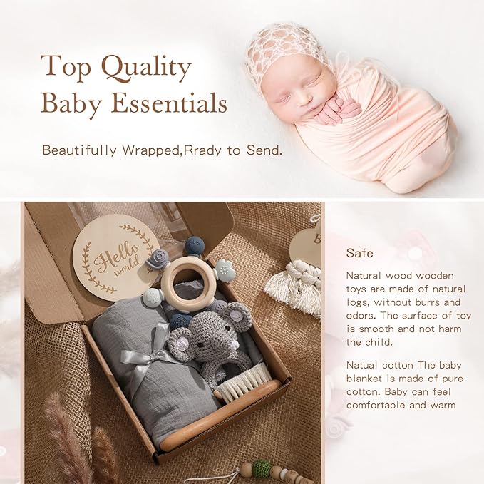 EERKEOD Baby Gift Set for Newborn New Baby Gift Set - Newborn Baby Essentials Baby Bath Set with Baby Blanket Baby Rattle - New Born Baby Girls Gift & Baby Boy Gifts for Baby Shower