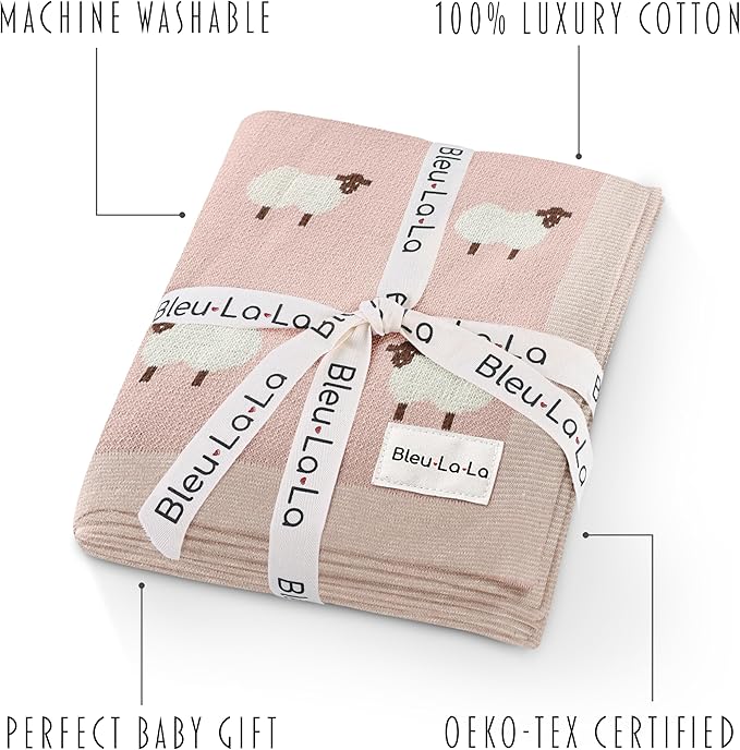 Luxury Knit Baby Receiving Blanket - 100% Cotton Soft Cozy Lightweight Receiving Swaddler Blanket for Shower Gift Registry for Newborns Infants Toddlers (Sheep - Light Pink)