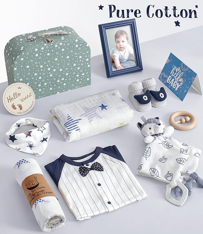 Golray Baby Boy Gifts for Baby Shower, 10pcs Newborn Essential with Fox Lovey/Blanket/Onesie/Wooden Rattle/Socks/Bib/Suitcase, Welcome Baby Gift Box Gender Reveal Infant Boy Gift Basket Set 0-6 Month
