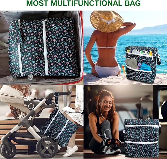 FLOCK THREE 3D Waterproof and Washable Wet Bag Luggage Organiser for Travel storage Stroller Daycare Baby Diapers Yoga Beach Pool Swimsuits Luggage Packing for Travel Accessories (Flower02)