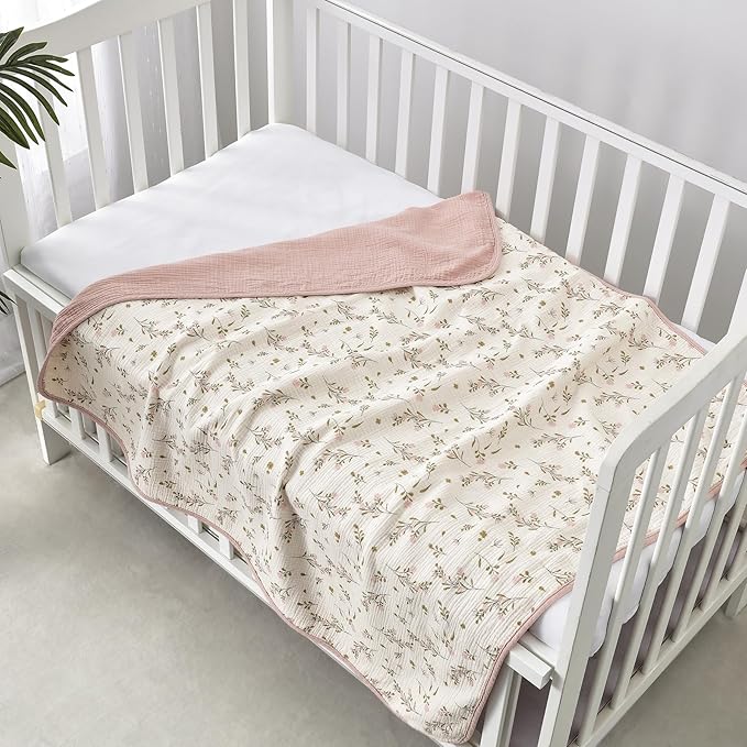 CREVENT 40''X40'' 100% Organic Cotton Muslin Baby Blanket for Newborns, Essential for Baby Shower Birthday Gift - Flower 100X100cm