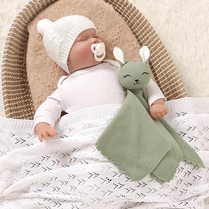 LAWKUL Bunny Lovey Baby Blanket Soft Cuddly Security Blanket Knit Snuggle Comfort for Newborns Toddler Boy Girl Green 16x16in