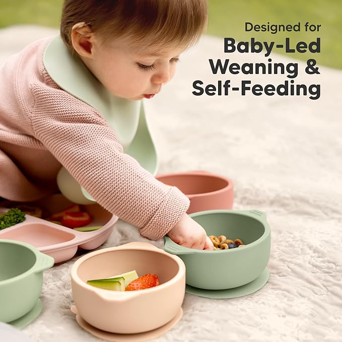 KeaBabies 2-Pack Baby Bowls with Suctions, Lids - Silicone Toddler Suction Bowls for Baby Boy, Girl, Kids, Food Grade Silicone, BPA-Free, Dishwasher Safe, Toddler Eating Essentials (Sage)
