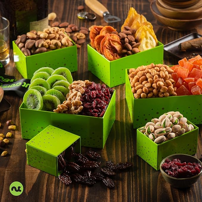 NUT CRAVINGS - Dried Fruit & Mixed Nuts Gift Basket Green Tower + Ribbon (12 Assortments) Food Arrangement, Healthy Snack Care Package, Food Assortments