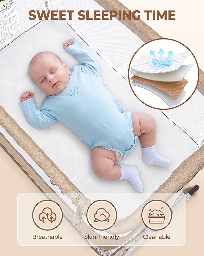 Baby Bassinet Bedside Sleeper, Upgraded Stability Bedside Crib with Full Mesh Sides, Soft Sheet, 6-Height Adjustment, Storage Basket, Easy Folding Portable Bassinet for Newborns,Camel