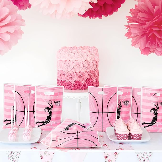 Basketball Party Favor Bags - 50Pcs Pink Basketball Goody Candy Treat Gifts Bags, Sport Themed Party Decorations for Adults Kids Boys Girls Birthday Outdoor Sports Events Supplies