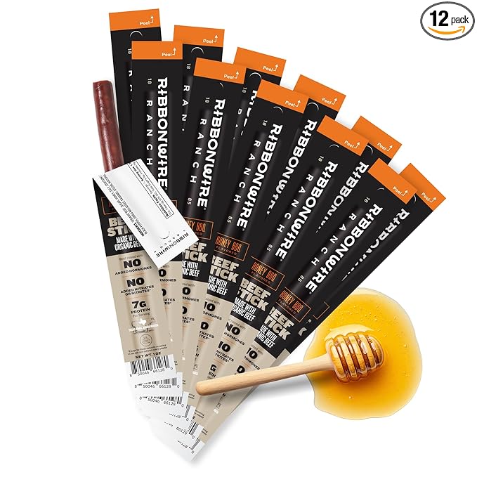 Ribbonwire Ranch Beef Sticks, Made with Organic Beef, Pasture Raised, High Protein Snack, Healthy, Low Carb, Keto Friendly, Gluten Free, Nitrate Free, On the Go, 1 Oz Sticks, Honey BBQ Flavor, 12 Pack
