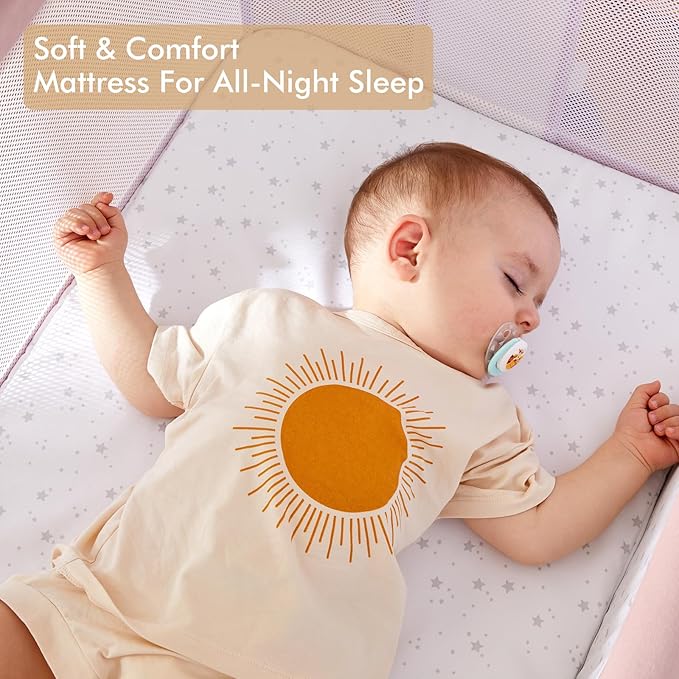 ANGELBLISS Baby Bassinet Bedside Sleeper, Easy Folding Portable Bassinet for Baby Girl with Wheels, Adjustable Height, Included Mattress (Pink)