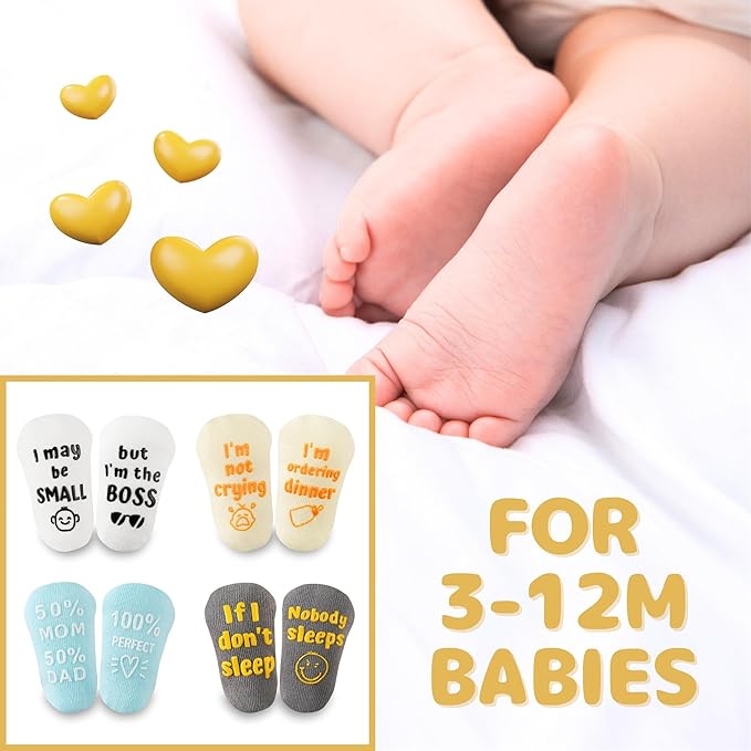 InnoBeta Baby Socks Set with Funny Quotes (4 Pairs) Newborn/Infant Socks for Baby Shower, Gender Reveal 3-12 Months