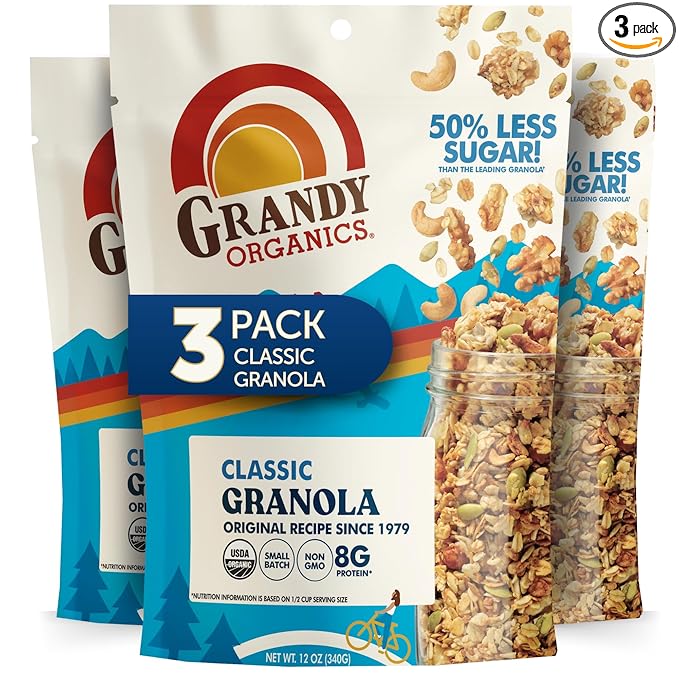 Grandy Organics Classic Granola, Certified Organic Granola Cereal, Low Sugar - Made with Oats, Pumpkin Seeds, Walnuts and Cashews, 12oz Bags, Bulk Pack of 3